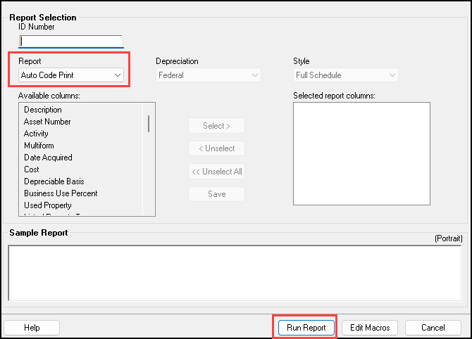 Image of "auto code print" selected from the Report drop list on the Fixed Asset Manager window